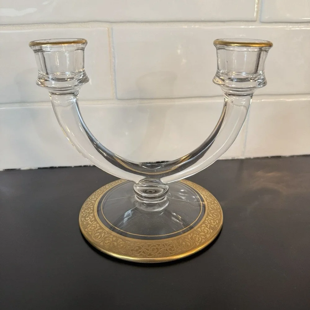 Vintage Glastonbury Lotus Rambler Rose Gilded Gold‎ Double Candlestick Holder